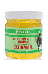 Clubman Pinaud Superhold Styling Gel in a 16 oz. yellow jar, alcohol-free formula for extra hold and shine.